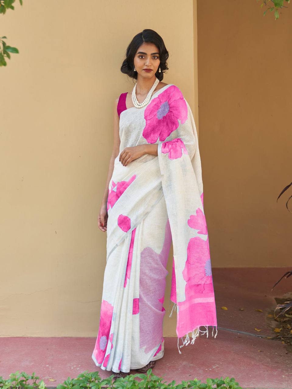 Pink Color Plain Mix Linen Cotton Saree With Digital Printed Work