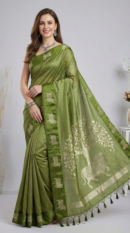 Mehndi Green Khadi Raw Silk Saree With Zari Weaving Cow Pallu & Border | Traditional Festive Wear – JaipurSaaj