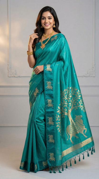 Rama Green Khadi Raw Silk Saree With Zari Weaving Cow Pallu & Border | Traditional Festive Wear – JaipurSaaj