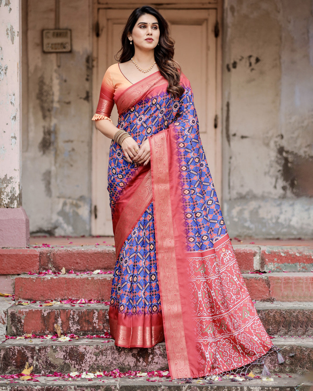 Royal Blue Digital Printed Tussar Silk Saree With Zari Motif Border | Designer Festive Ethnic Wear – JaipurSaaj