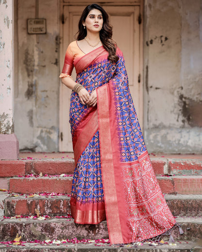 Royal Blue Digital Printed Tussar Silk Saree With Zari Motif Border | Designer Festive Ethnic Wear – JaipurSaaj