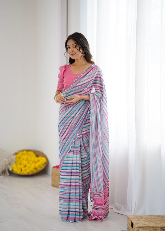 Multi Georgette Saree With Printed And Mirror Work With Arco Border