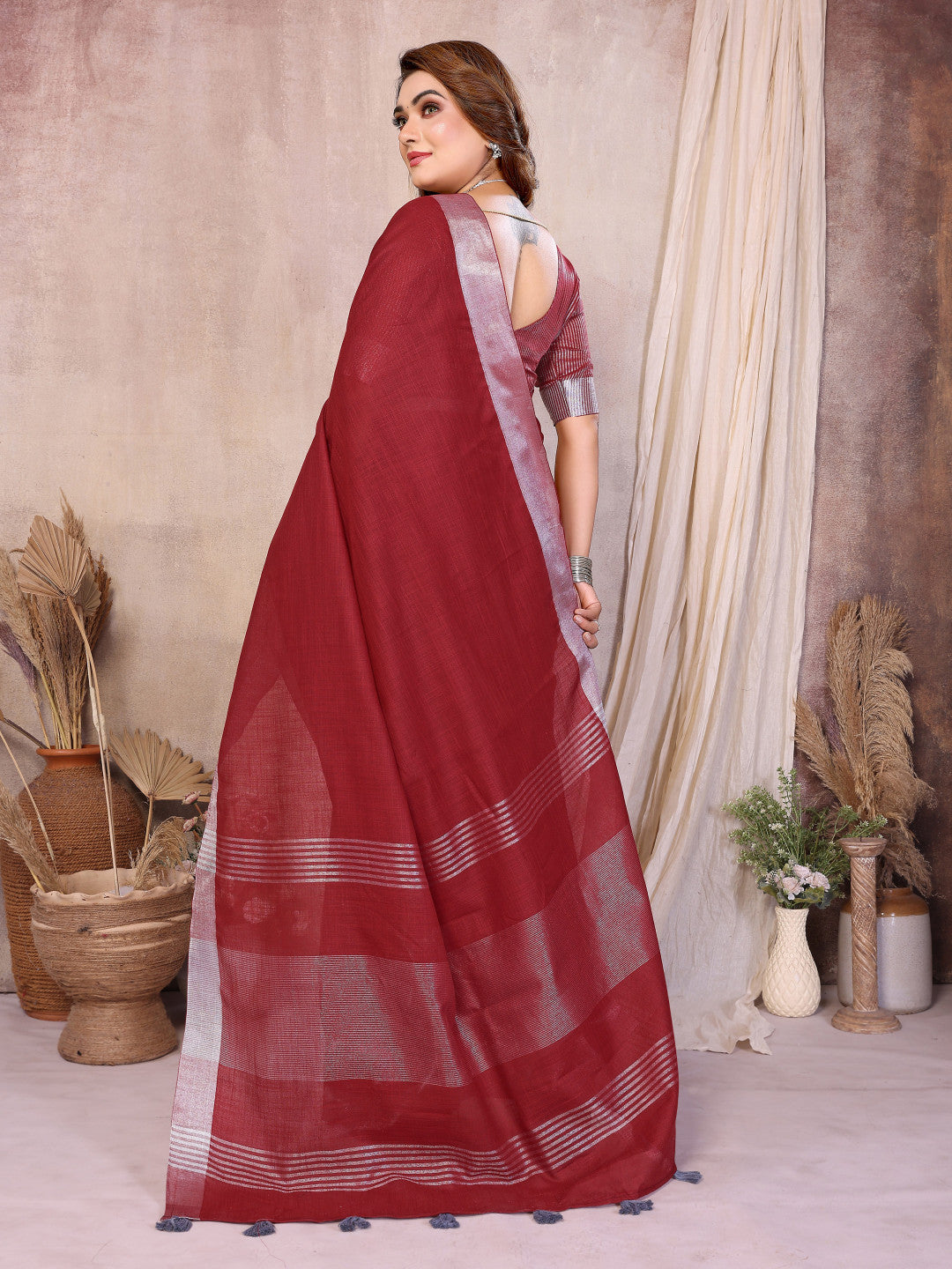 Red Linen Cotton Saree With Silver Zari Border