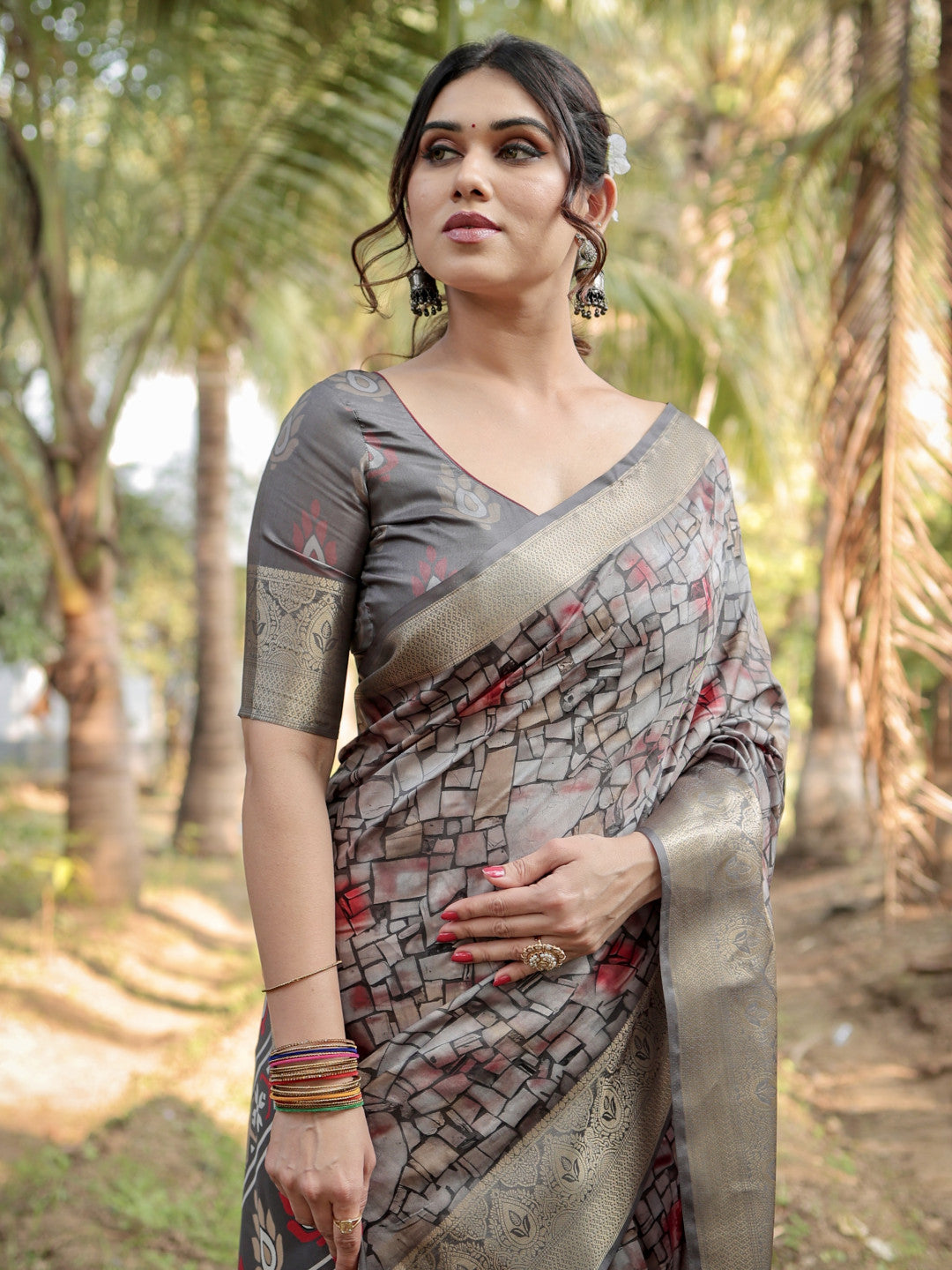 Gray Digital Printed Tussar Silk Saree With Zari Motif Border | Traditional Casual & Festive Wear – JaipurSaaj