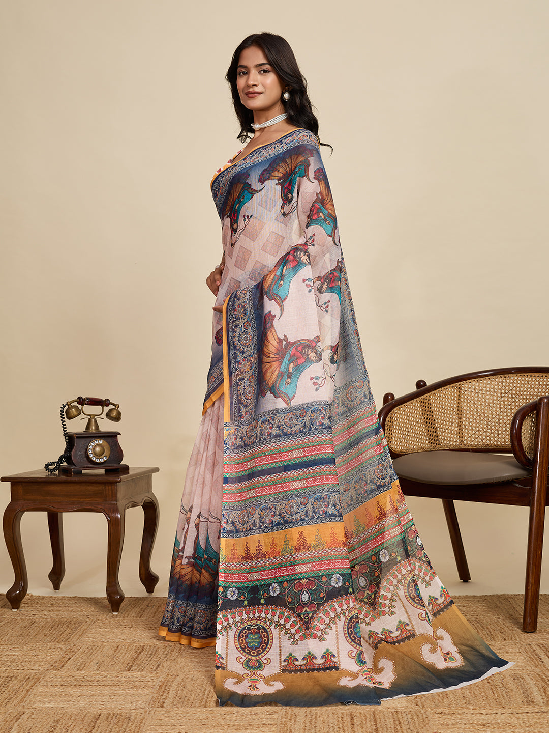 Multi Linen Cotton Saree With Digital Printed Work And Silver Zari Border