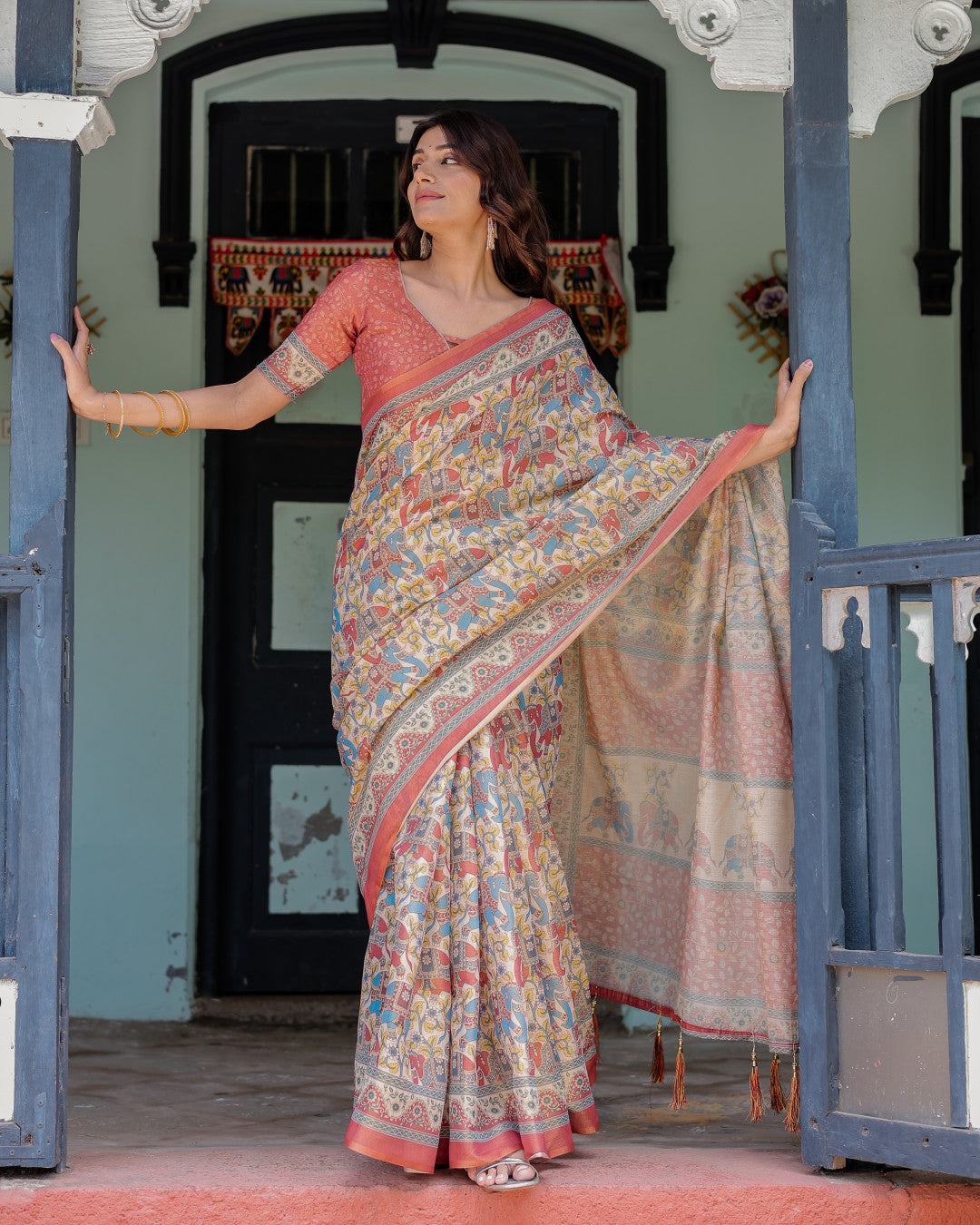 Multi Color Kalamkari Digital Printed Linen Cotton Saree | Summer Casual & Ethnic Wear – JaipurSaaj
