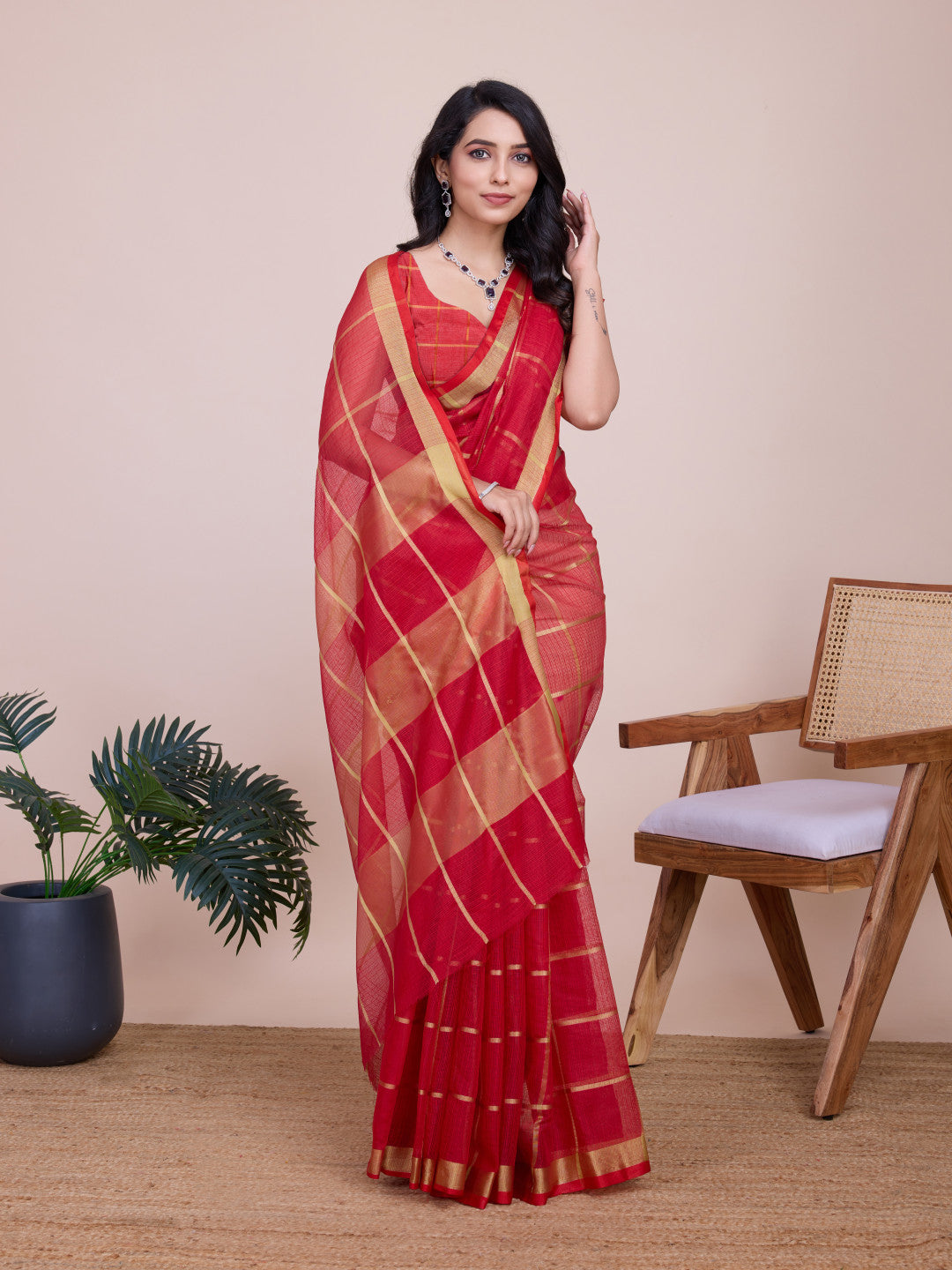 Red Kota Doriya Saree With Zari Weaving Work