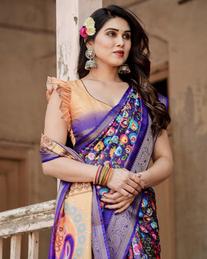 Multi Kalamakari Floral Printed Tussar Silk Saree With Zari Motif Border | Festive Ethnic Wear – JaipurSaaj