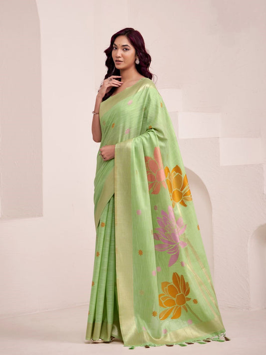 Pista Green Soft Linen Silk Saree with Jacquard Weaving Pallu | Elegant Party, Office & Ethnic Wear – JaipurSaaj