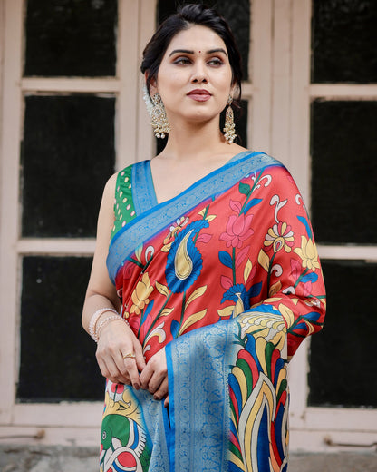 Multi Kalamakari Floral Printed Tussar Silk Saree With Zari Motif Border | Festive Ethnic Wear – JaipurSaaj