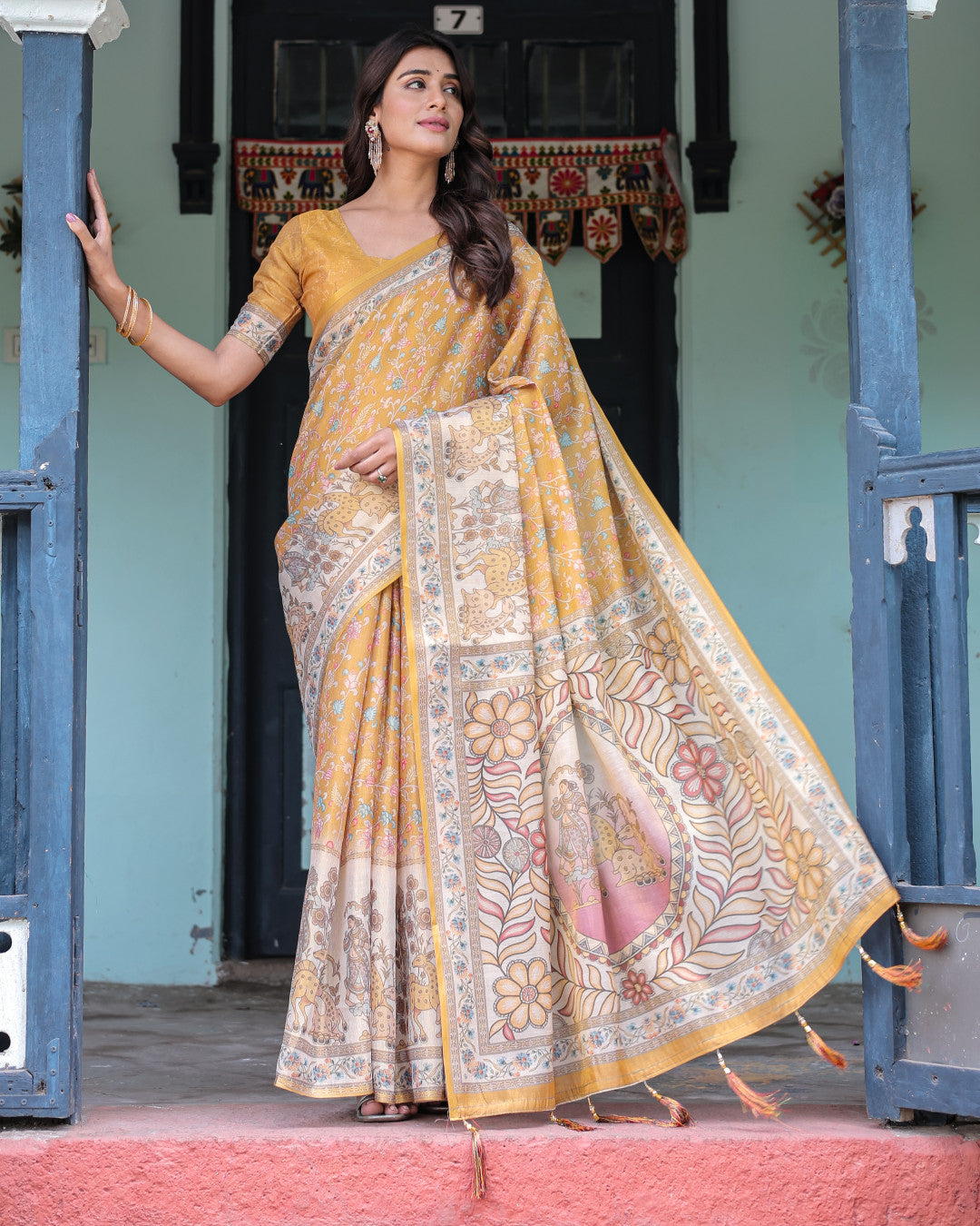 Mustard Yellow Kalamkari Digital Printed Linen Cotton Saree | Summer Casual & Ethnic Wear – JaipurSaaj