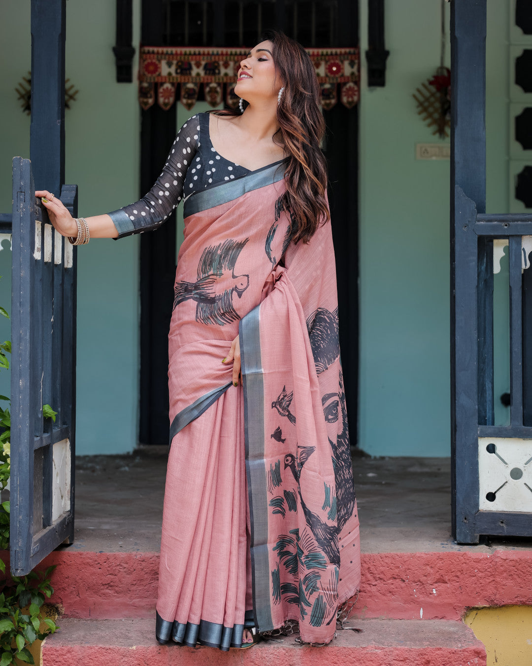 Pink Floral Digital Printed Linen Cotton Saree | Office & Casual Ethnic Wear – JaipurSaaj