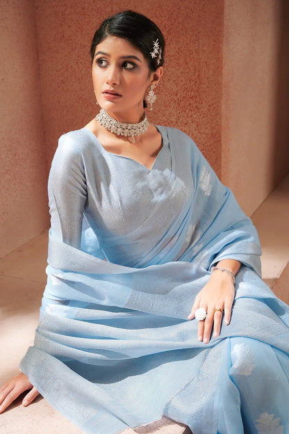 Sky Blue Soft Linen Silk Saree With Zari Weaving Work | Elegant Festive & Wedding Wear – JaipurSaaj