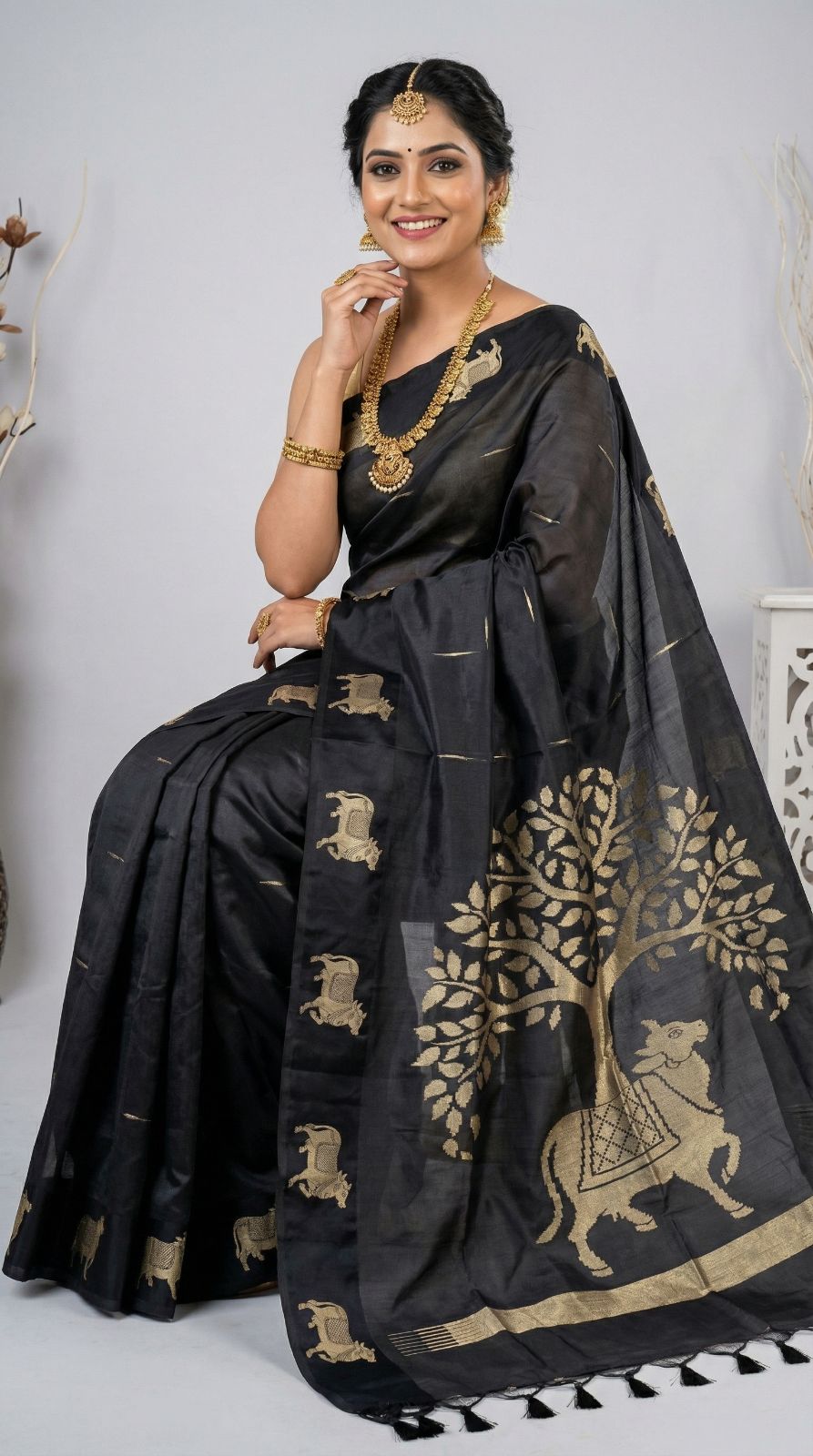 Black Khadi Raw Silk Saree With Zari Weaving Cow Pallu & Border | Traditional Festive Wear – JaipurSaaj