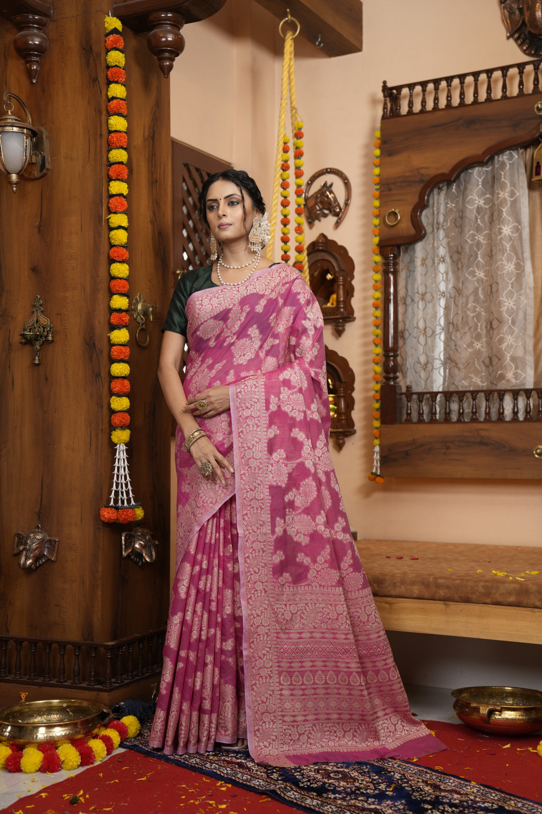 Pink Soft Cotton Saree With Lucknowi Work