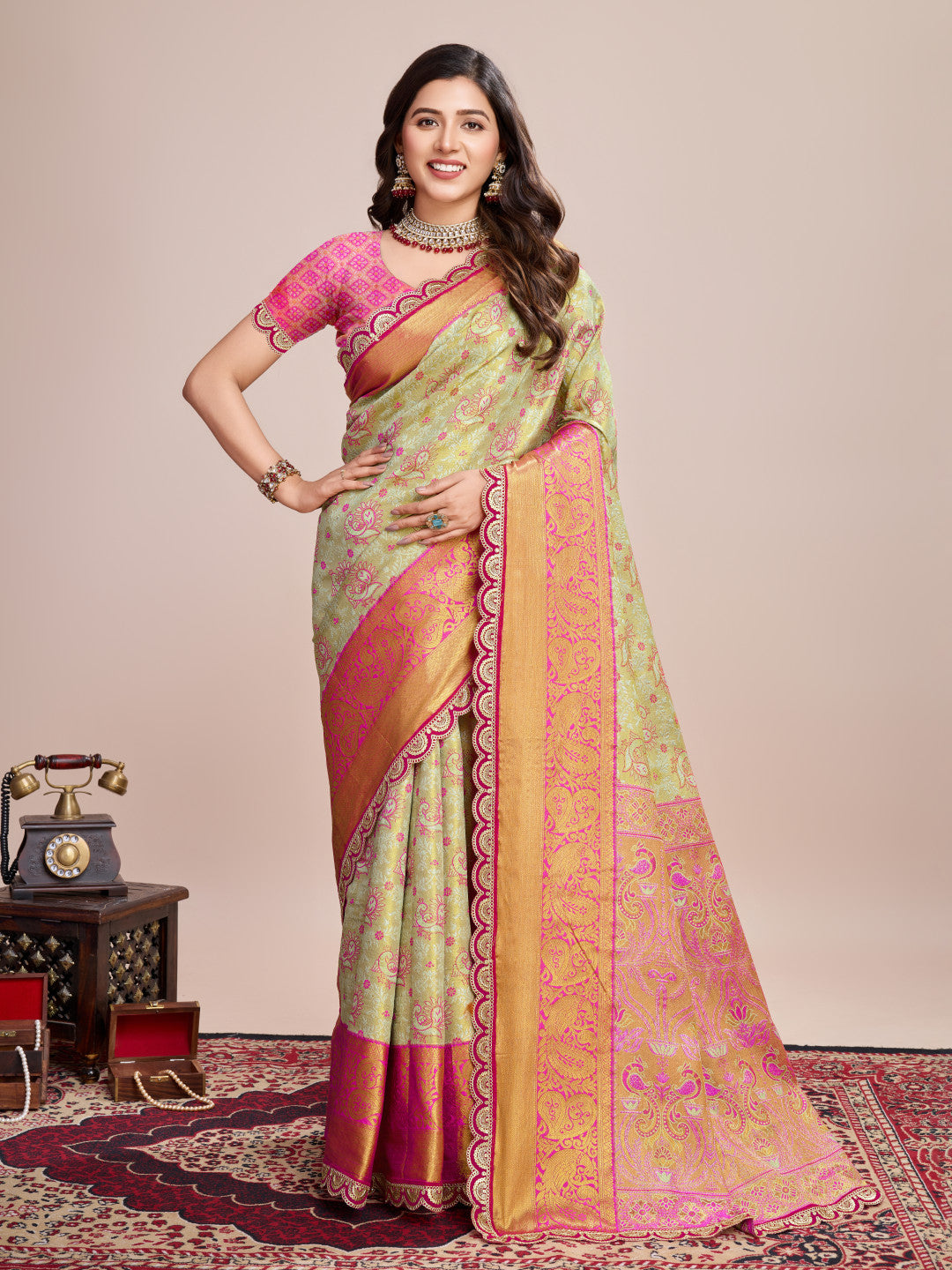 Pista Kanjivaram Silk Saree With Zari Weaving Work | Bridal Wedding Wear – JaipurSaaj