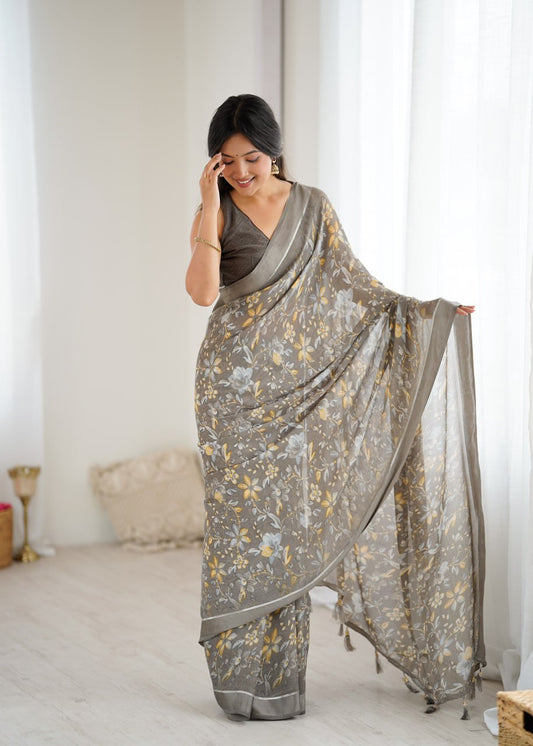Gray Linen Cotton Saree With Flower Digital Printed Work