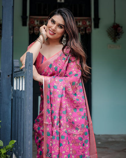 Pink Floral Digital Printed Linen Cotton Saree