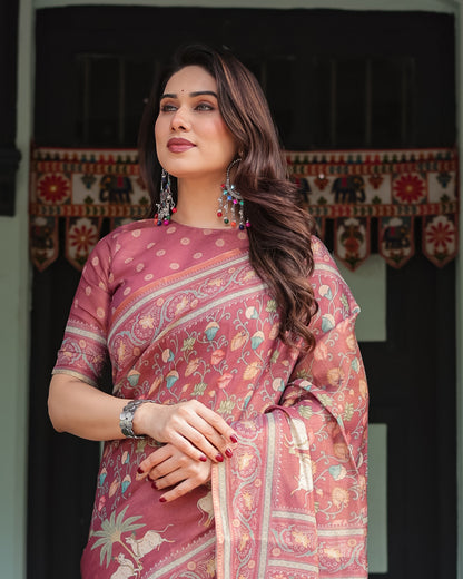 Maroon Soft Linen Cotton Saree with Kalamkari Printed Work | Summer Casual & Ethnic Wear – JaipurSaaj