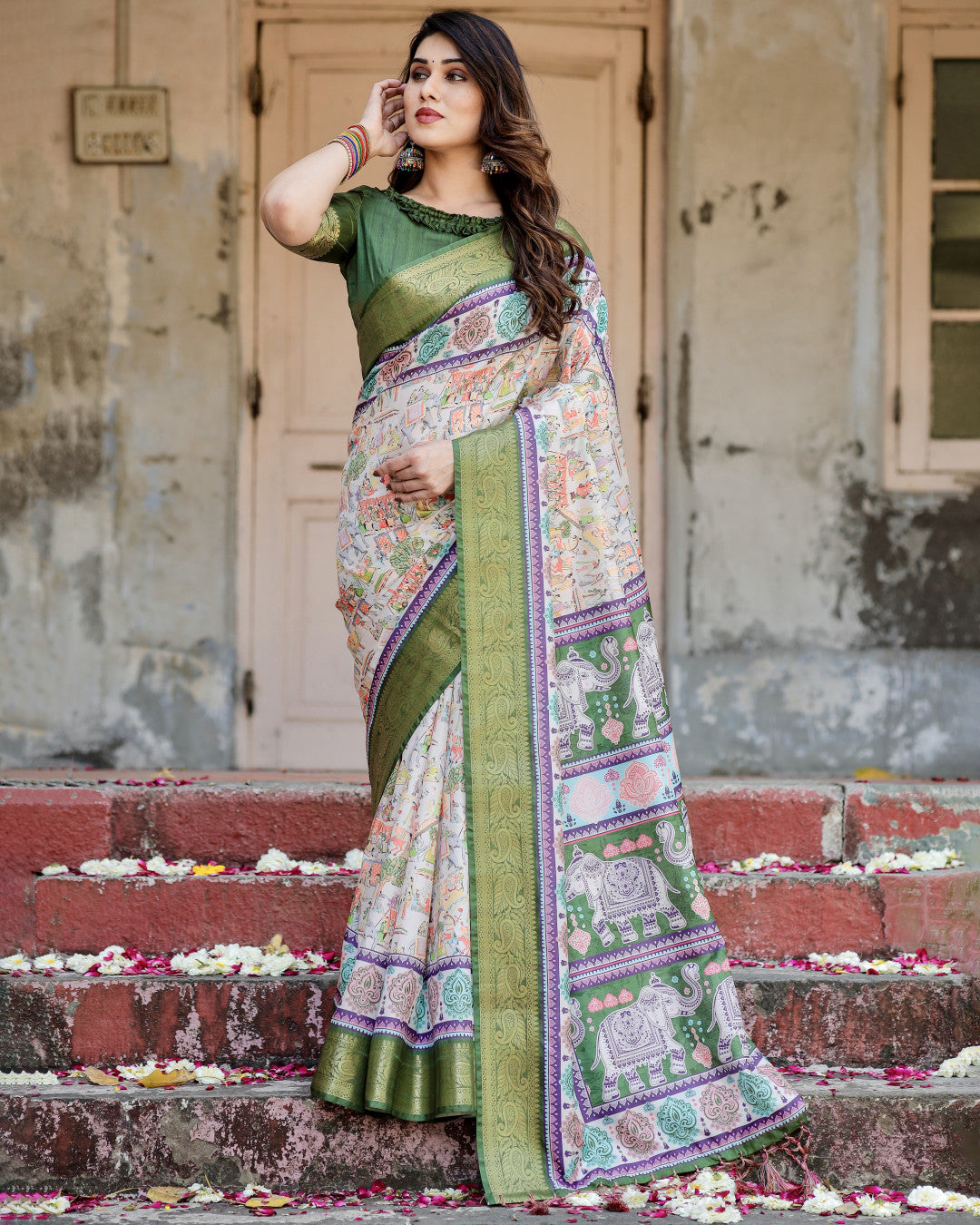 Multi Kalamakari Floral Printed Tussar Silk Saree With Zari Motif Border | Festive Ethnic Wear – JaipurSaaj