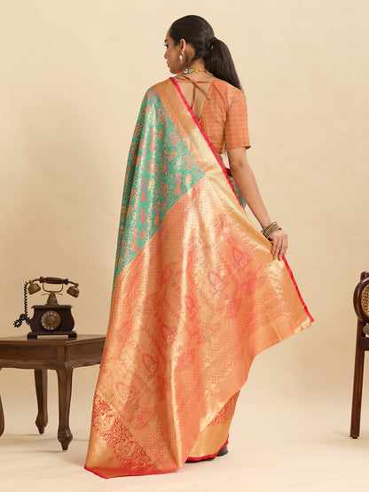 Green Kanjivaram Silk Saree with Zari Weaving Work & Big Border | Bridal Wedding Wear – JaipurSaaj