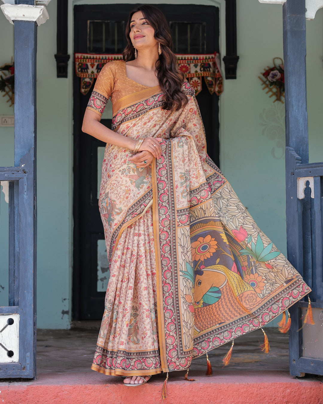 Multi Color Kalamkari Digital Printed Linen Cotton Saree | Summer Casual & Ethnic Wear – JaipurSaaj