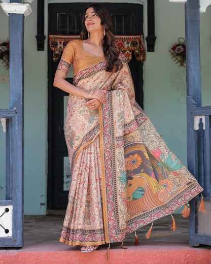 Multi Color Kalamkari Digital Printed Linen Cotton Saree | Summer Casual & Ethnic Wear – JaipurSaaj