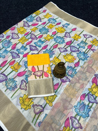 Multi Color Plain Mix Linen Cotton Saree With Digital Printed Work