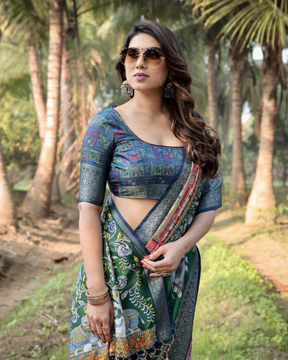 Multi Color Kalamkari Digital Printed Tussar Silk Saree | Designer Festive Ethnic Wear – JaipurSaaj