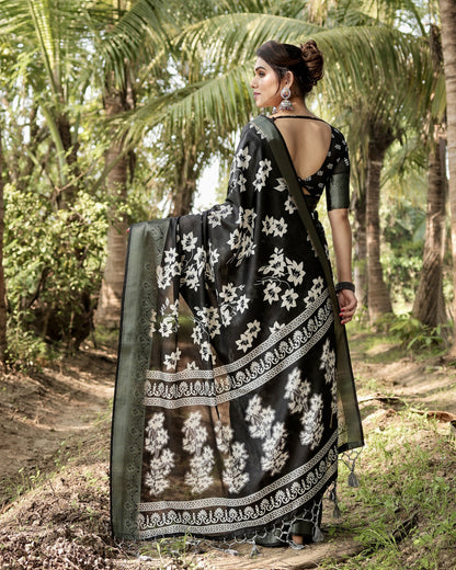 Black Tussar Silk Saree with Floral Woven Motifs & Zari Border | Traditional Festive Wear – JaipurSaaj