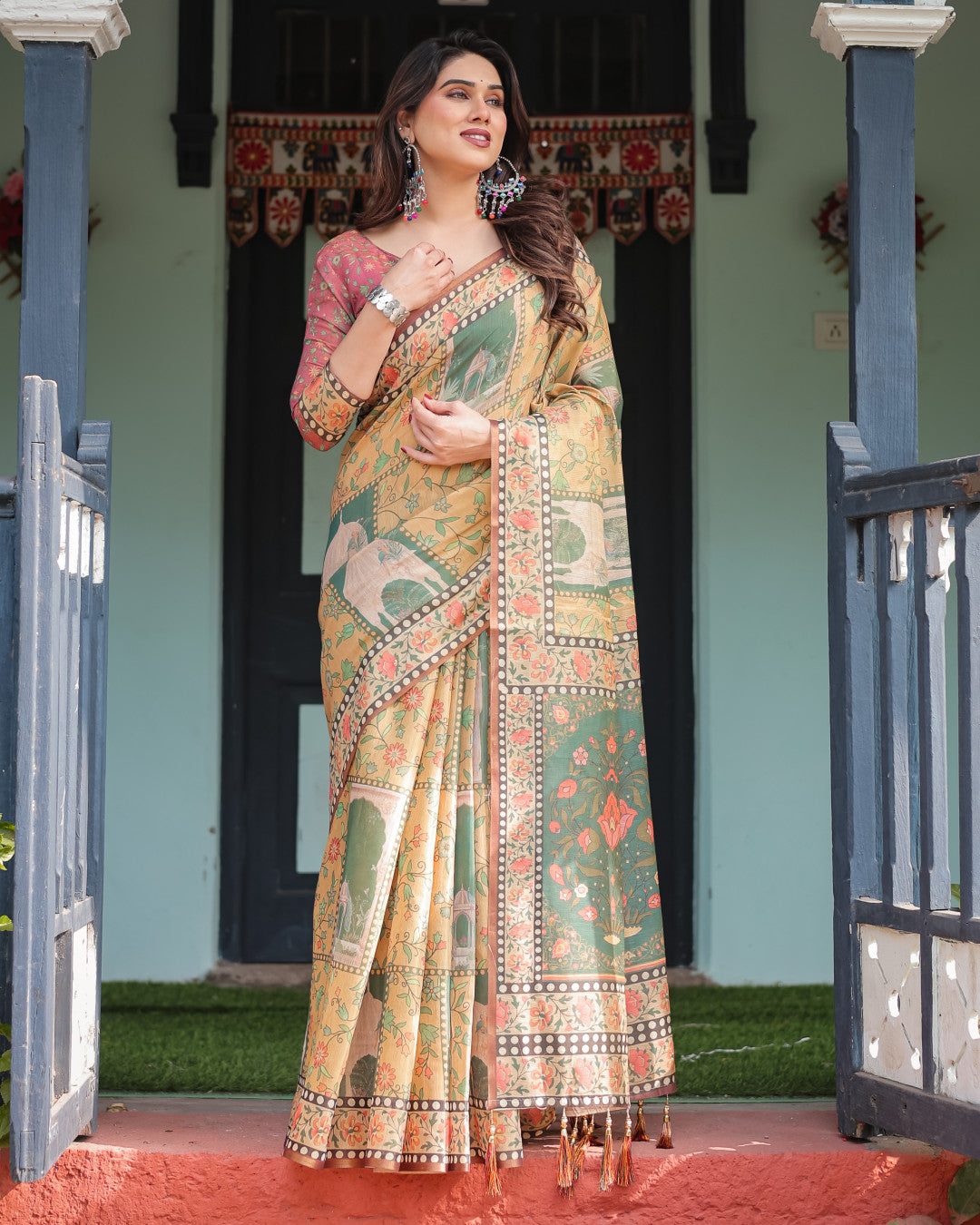 Light Yellow Soft Linen Cotton Saree With Kalamkari Printed Work