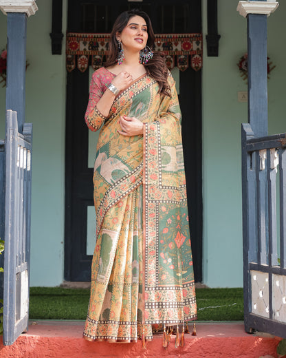 Light Yellow Soft Linen Cotton Saree With Kalamkari Printed Work