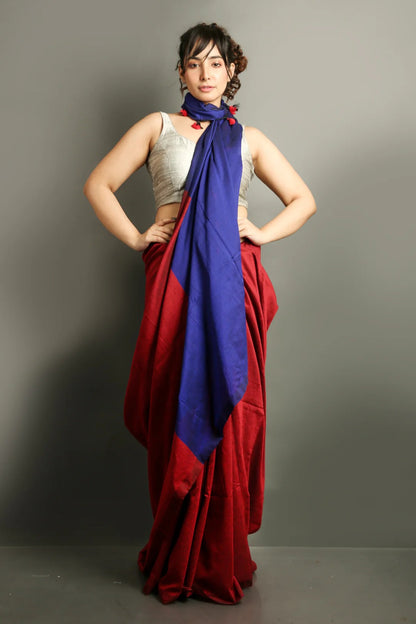 Red Color Plain Khadi Cotton Saree With Fancy Tassel Work