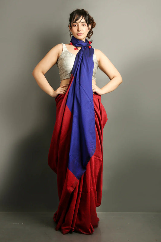 Red Color Plain Khadi Cotton Saree With Fancy Tassel Work