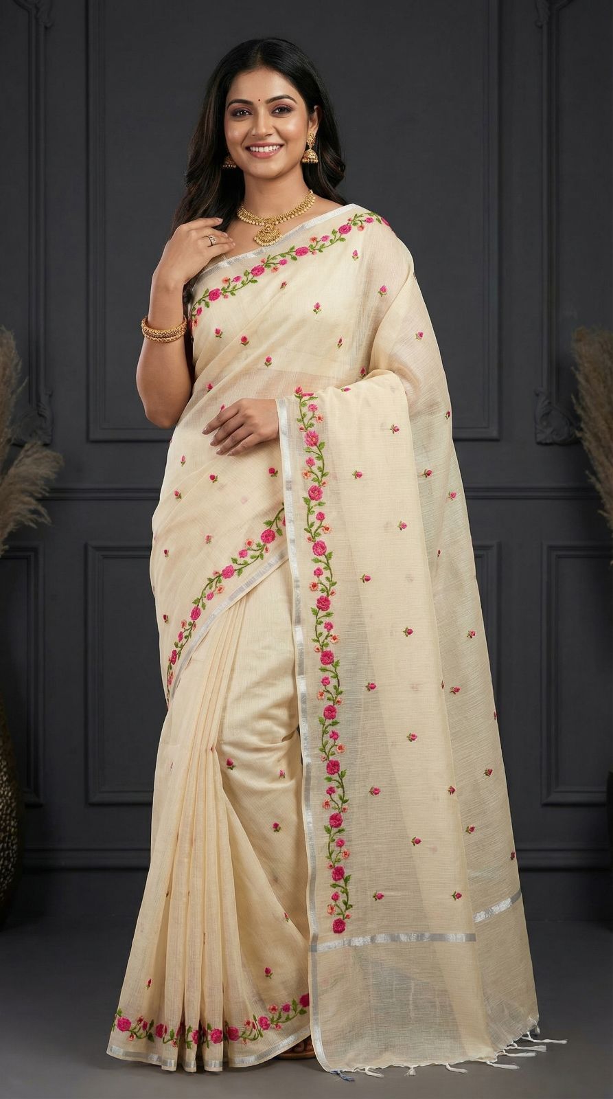 Beige Kota Doriya Saree With Silver Zari Border & Floral Embroidery | Festive Ethnic Wear – JaipurSaaj