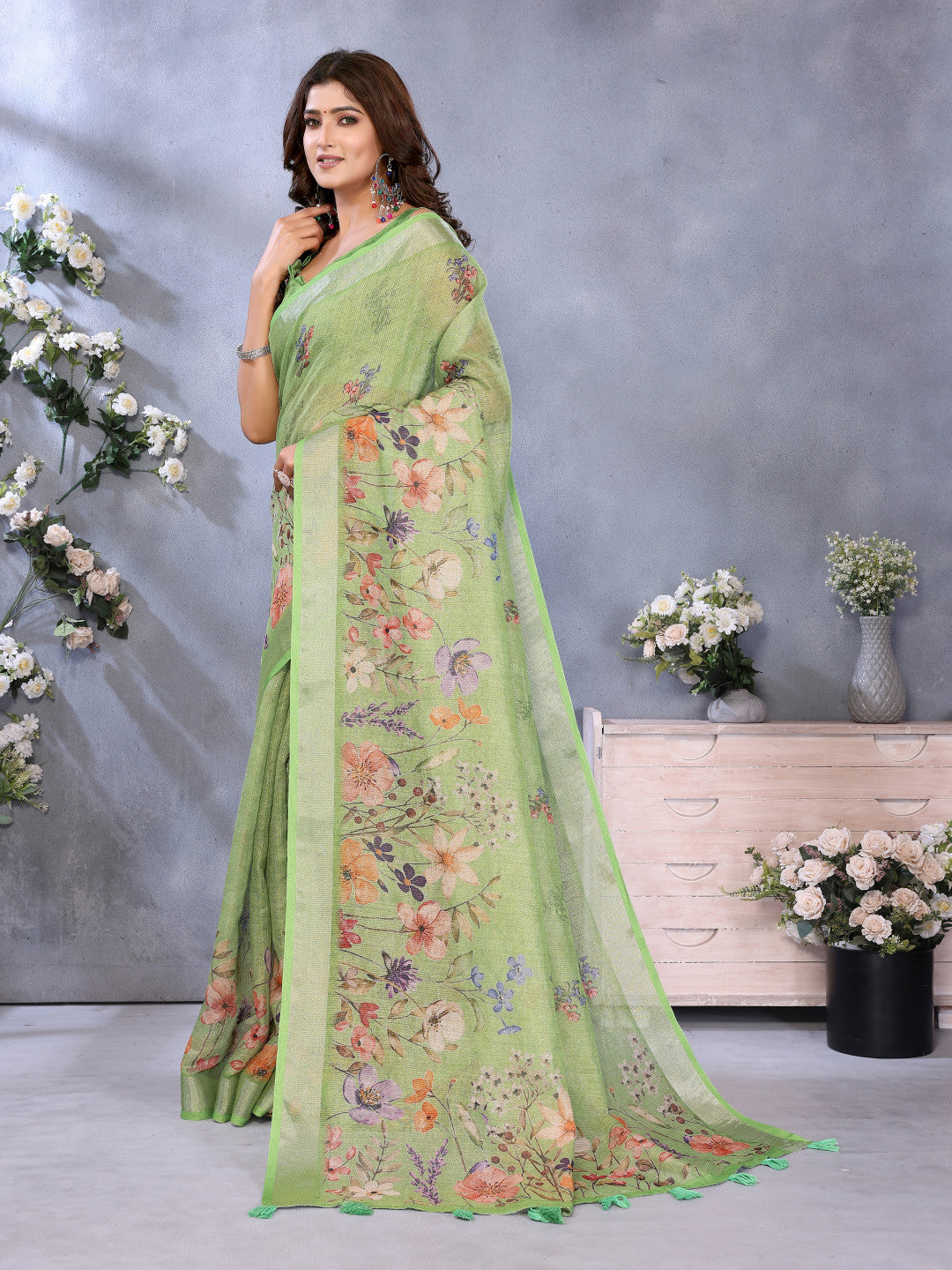 Parrot Green Linen Cotton Saree With Digital Printed Work And Silver Zari Border