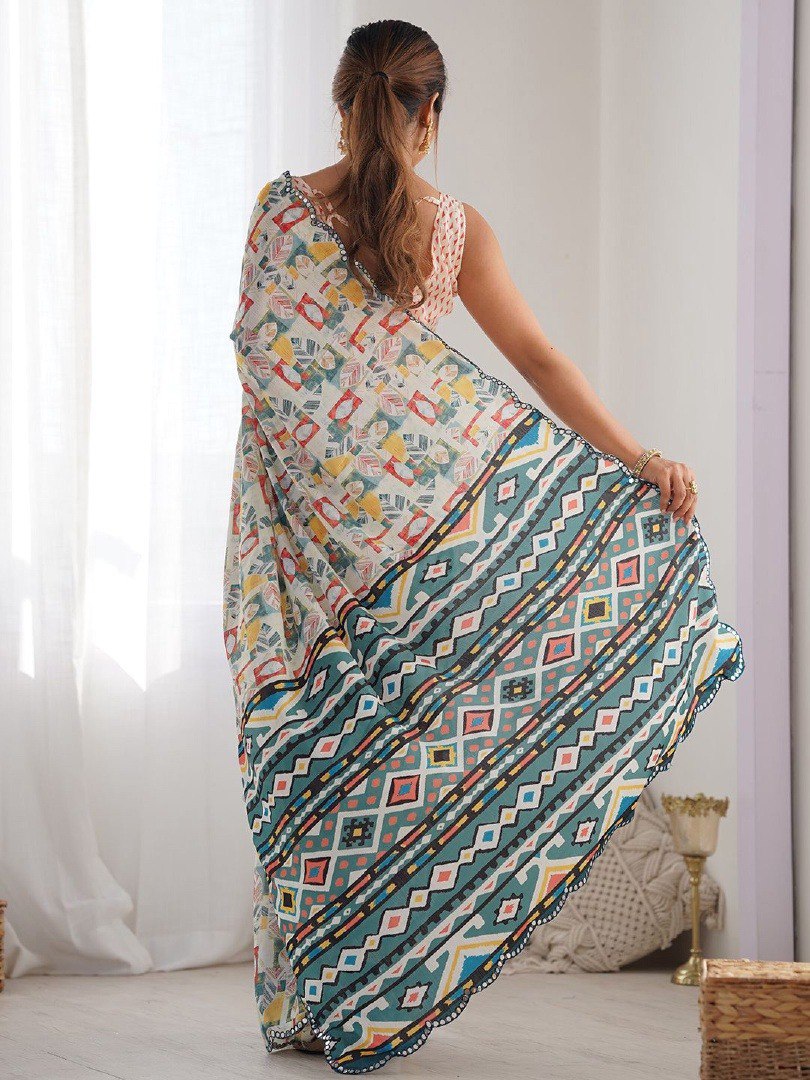 White Georgette Saree With Printed And Mirror Work With Arco Border