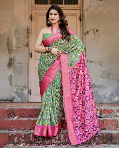 Green Digital Printed Tussar Silk Saree With Zari Motif Border | Designer Festive Ethnic Wear – JaipurSaaj