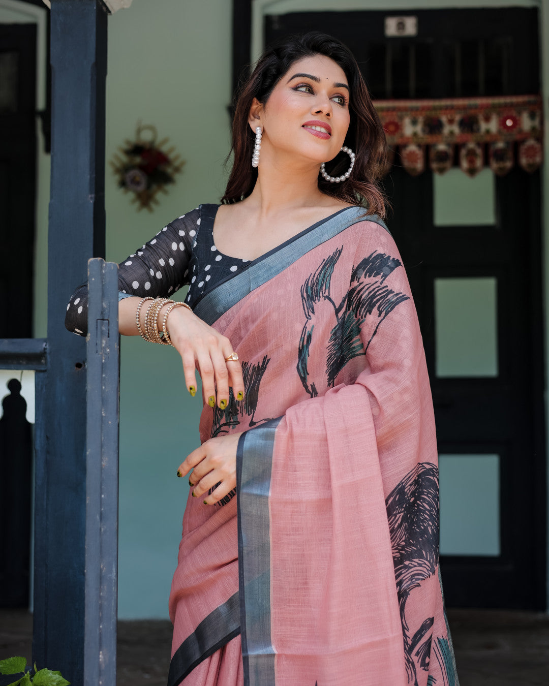 Pink Floral Digital Printed Linen Cotton Saree | Office & Casual Ethnic Wear – JaipurSaaj