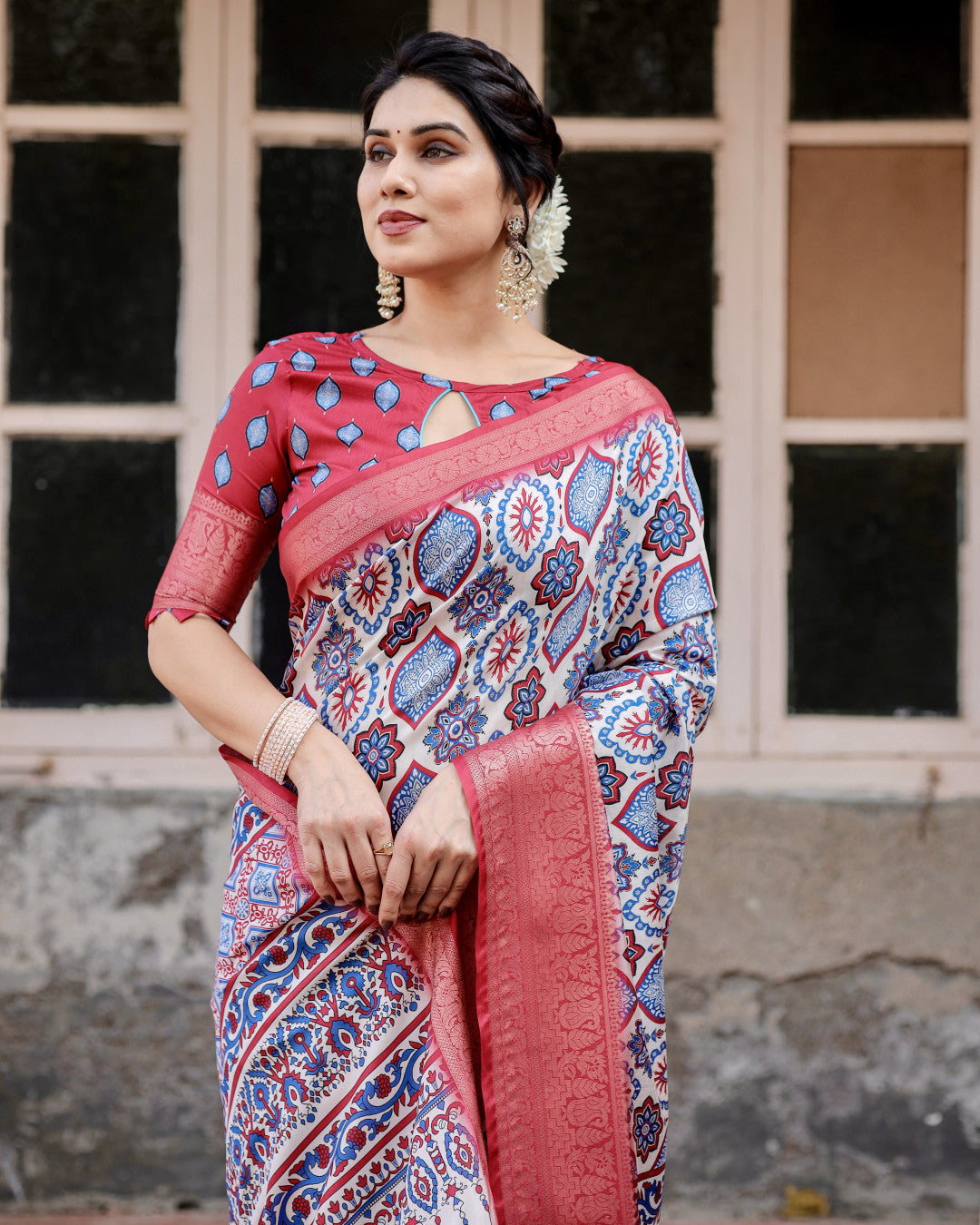Multi Color Digital Printed Tussar Silk Saree With Zari Motif Border | Traditional Festive Ethnic Wear – JaipurSaaj