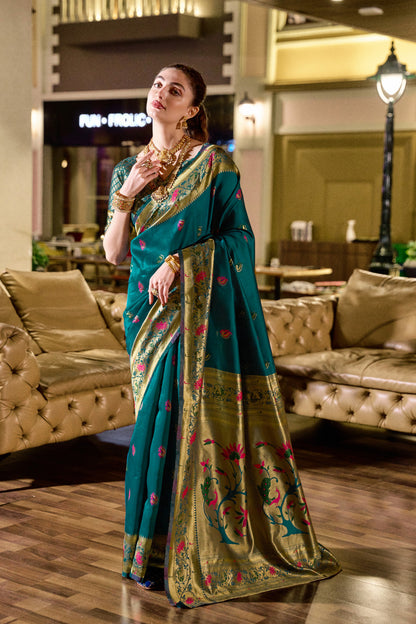 Traditional Morpich Paithani Silk Saree With Zari Weaving Work