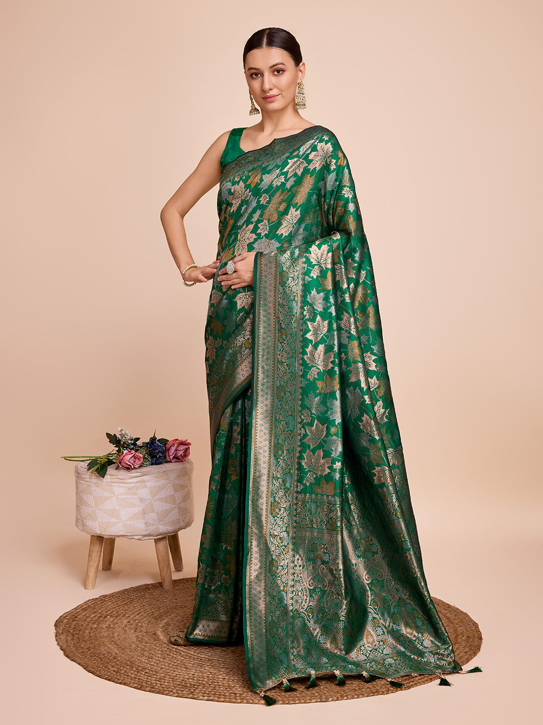 Golden & Copper Zari Weaving With Green Soft Silk Banarasi Saree | Party & Wedding Wear - JaipurSaaj