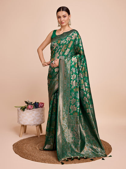 Golden & Copper Zari Weaving With Green Soft Silk Banarasi Saree | Party & Wedding Wear - JaipurSaaj