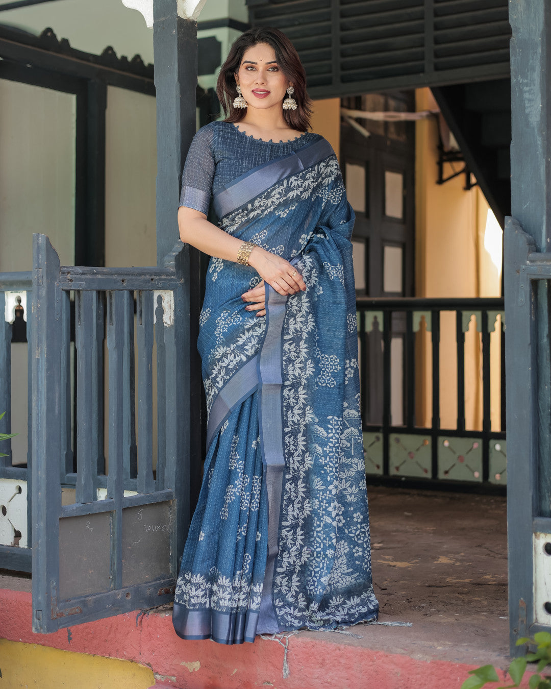 Blue Soft Linen Cotton Saree With Digital Printed Work