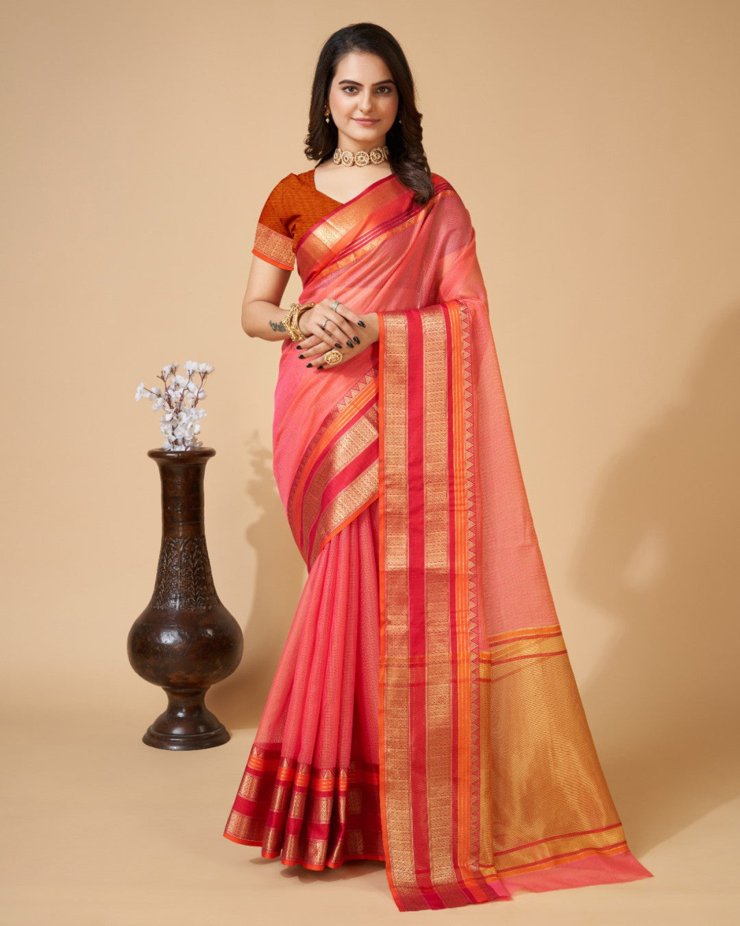 Gajari Color Kota Doriya Saree With Zari Weaving Work