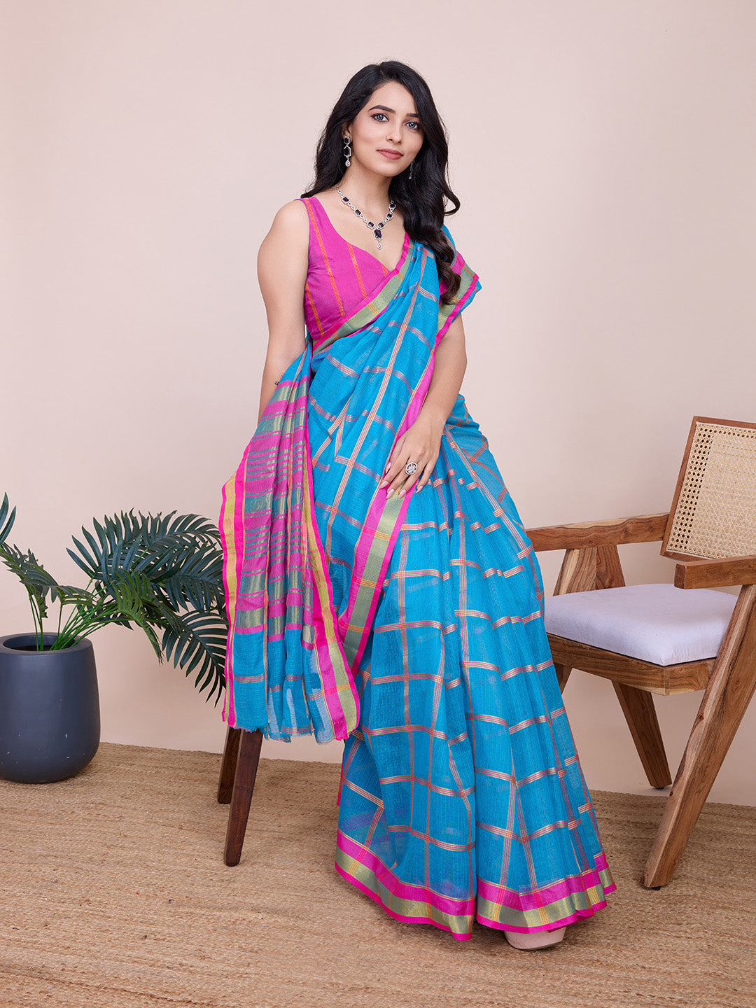 Sky Blue Kota Doriya Saree With Zari Weaving Work