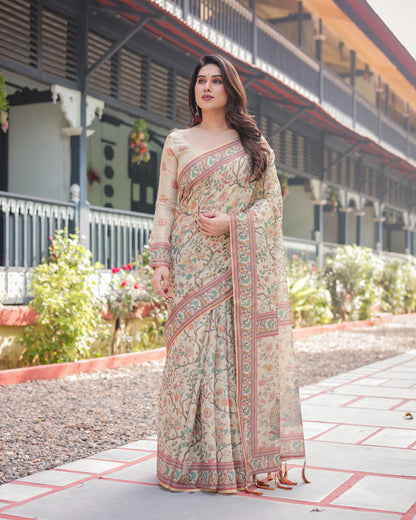 Off White Kalamkari Digital Printed Linen Cotton Saree | Summer Casual & Ethnic Wear – JaipurSaaj