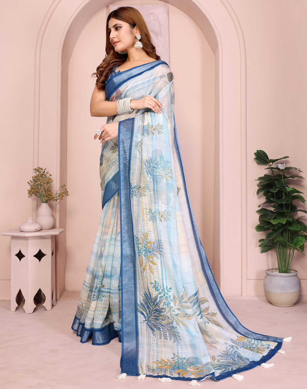 Multi Linen Cotton Saree With Digital Printed Work And Silver Zari Border