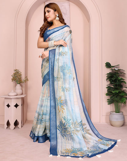 Multi Linen Cotton Saree With Digital Printed Work And Silver Zari Border