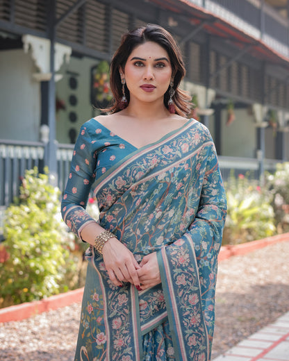 Blue Kalamkari Digital Printed Linen Cotton Saree | Summer Casual & Ethnic Wear – JaipurSaaj
